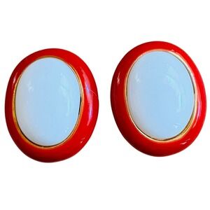 VTG Regal Cabochon glass Donald Stannard Earrings Gold red statement‎ clip Oval